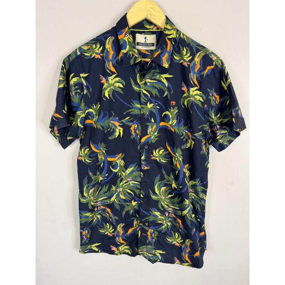 Scotch & Soda The Poolside Mens M Tropical Palm Tree Print Shirt Navy Blue